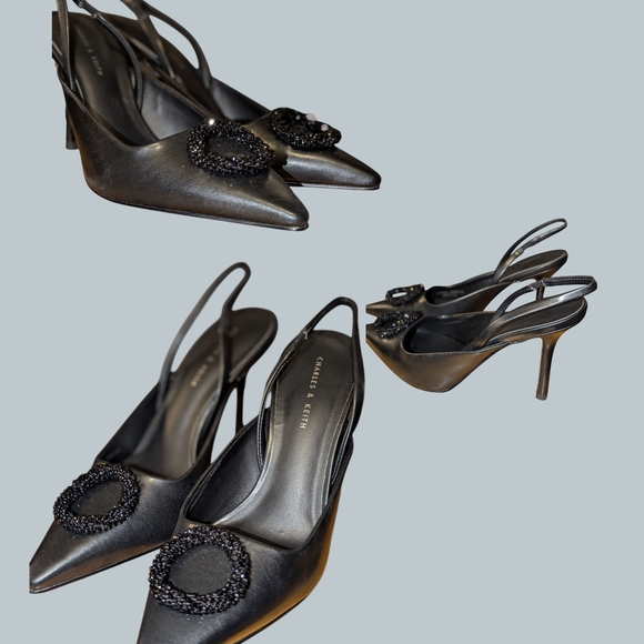 Charles & Keith Shoes - Charles & Keith Black Embellished Slingback Heels
